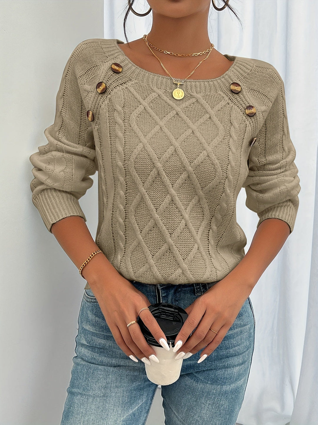 Ladies Textured Button Sweater