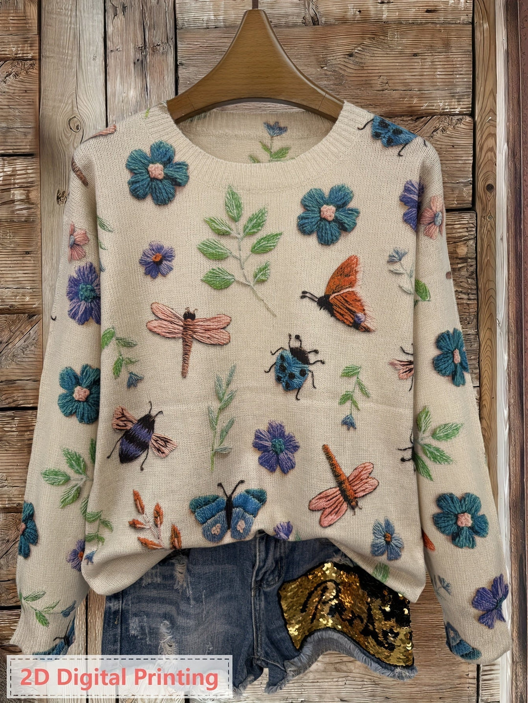 Botanical Print Crewneck Sweater for Women