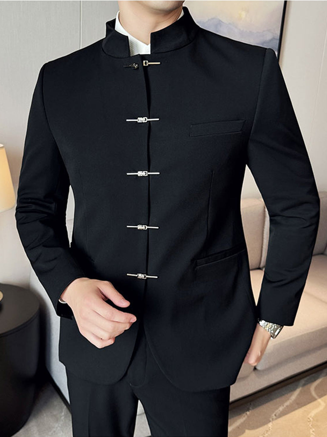 Black Stand Collar Jacket for Men