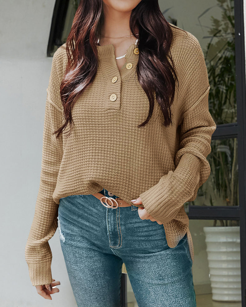 Women's Long Sleeve Waffle Knit Cotton Blend Sweater with Side Slit