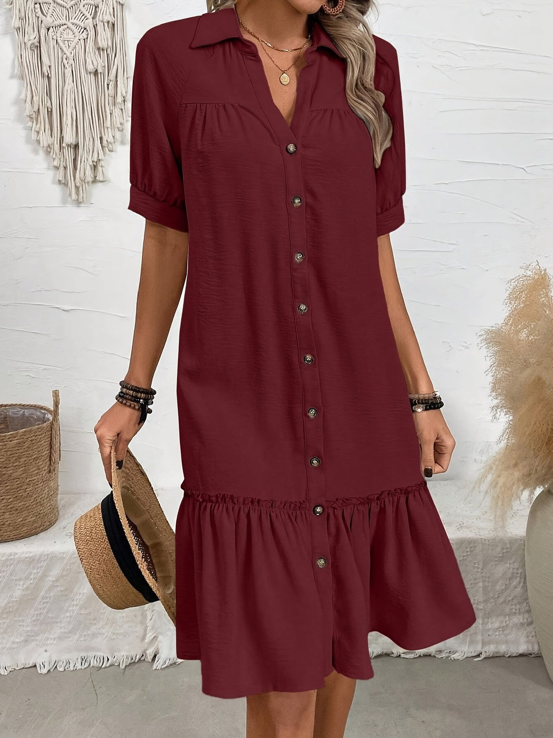 Buttoned Boho Midi Dress for Women