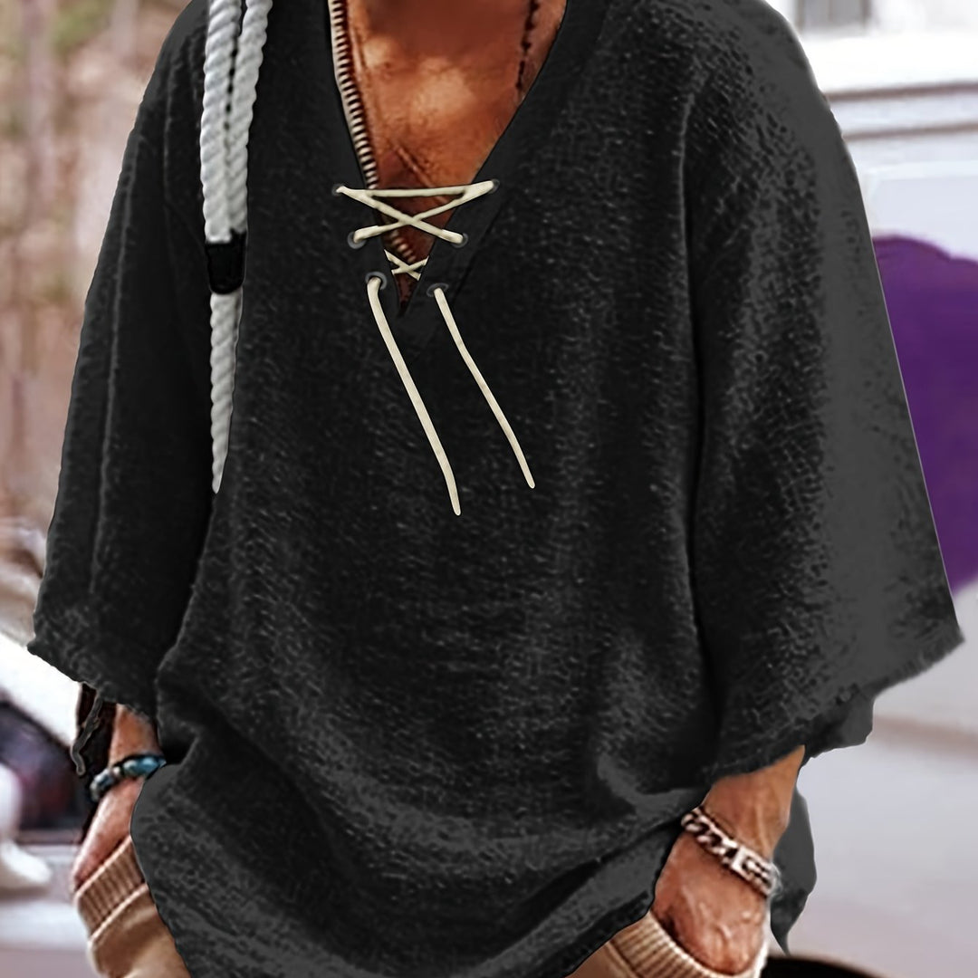 Lace-Up V-Neck Shirt for Men, Relaxed Style