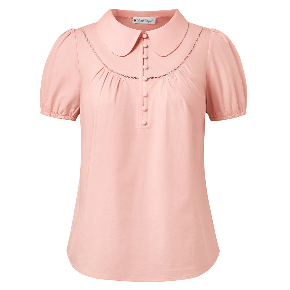 Women's Work Puff Sleeve Cotton Blouse with Peter Pan Collar