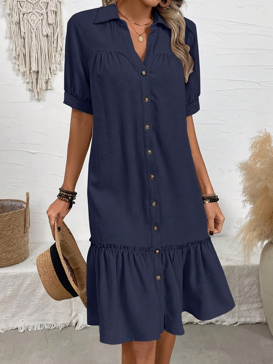 Buttoned Boho Midi Dress for Women