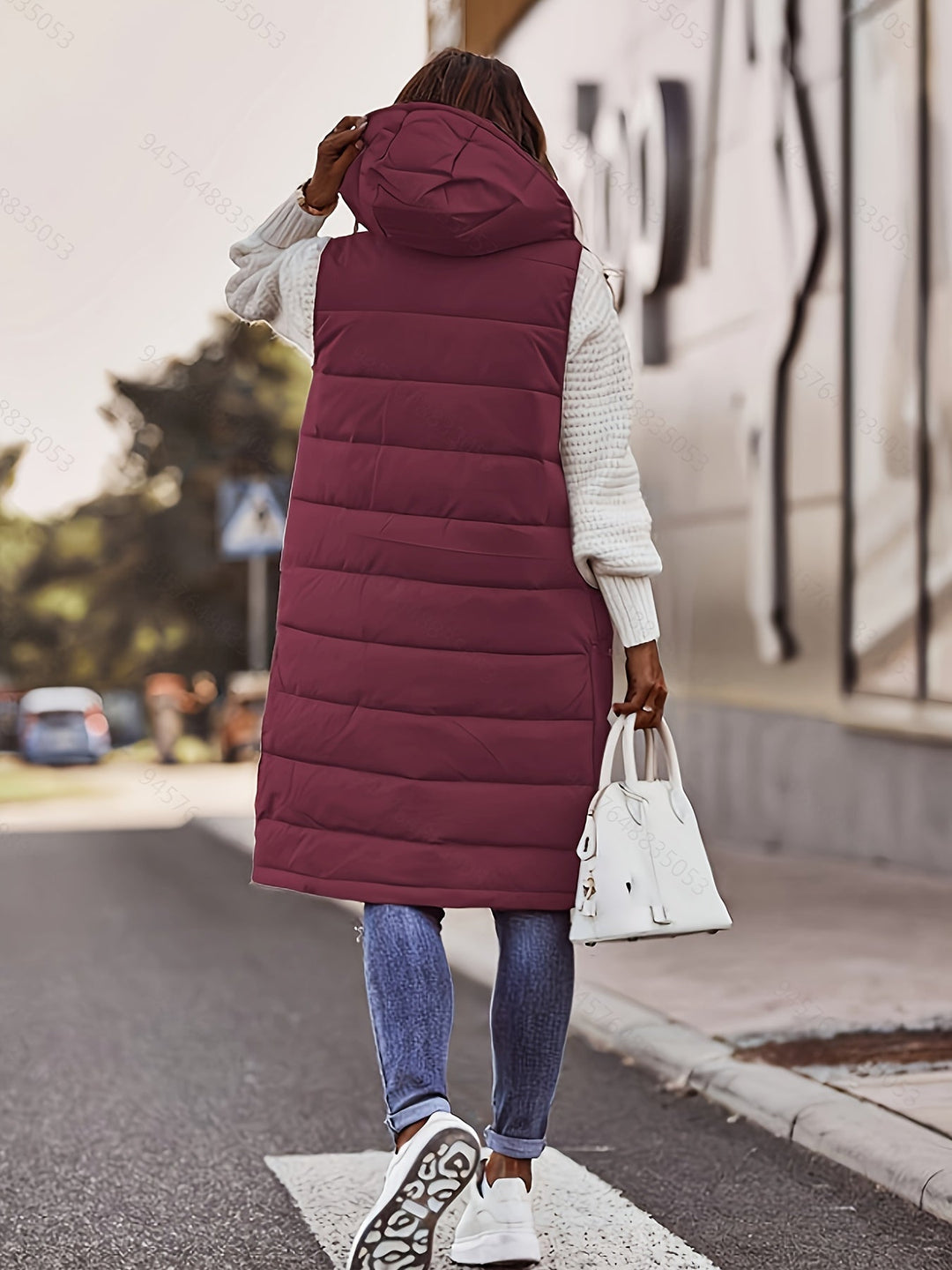 Burgundy Longline Hooded Padded Vest for Women