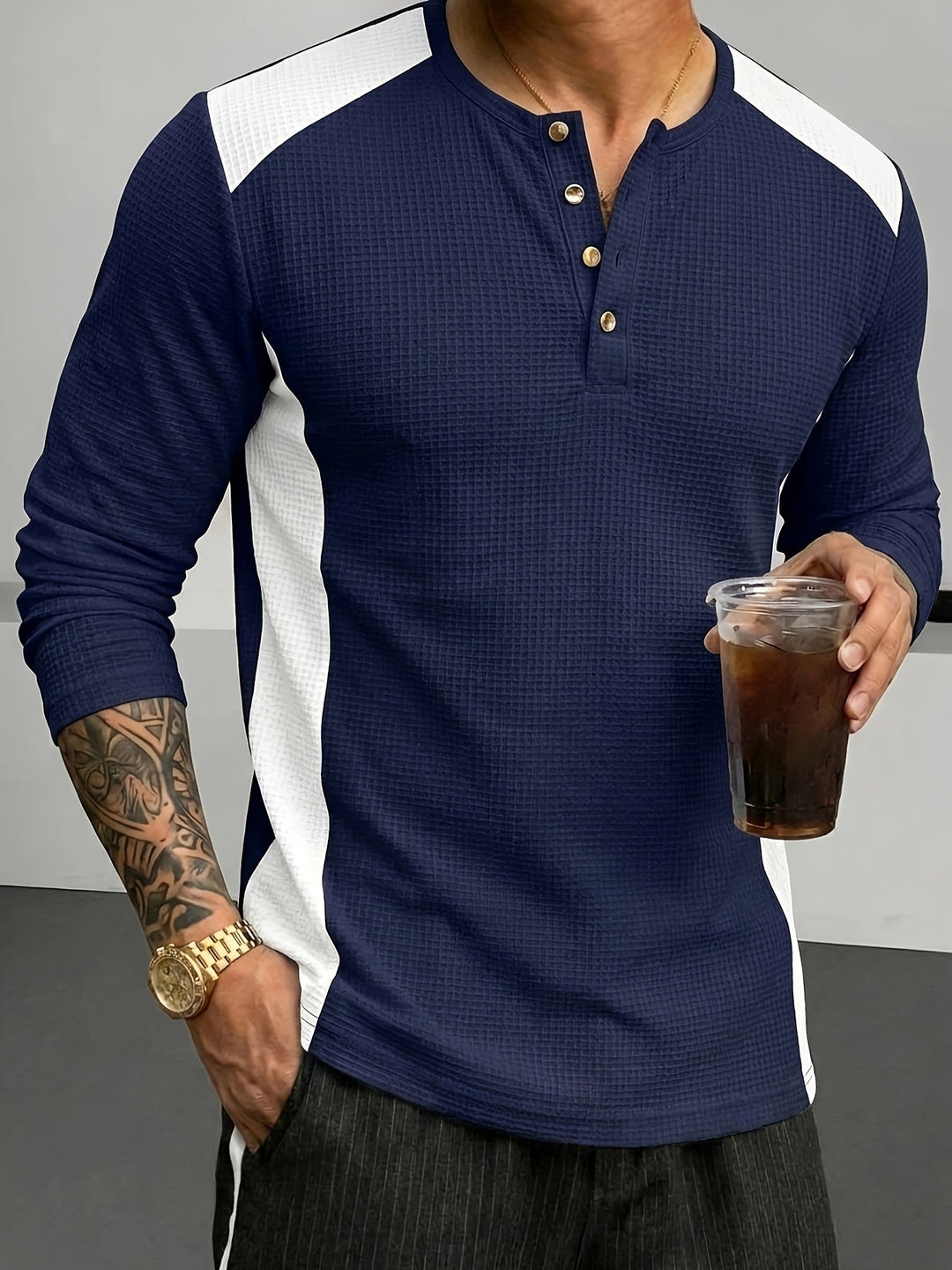Textured Long-Sleeve Henley for Men, Plus Size