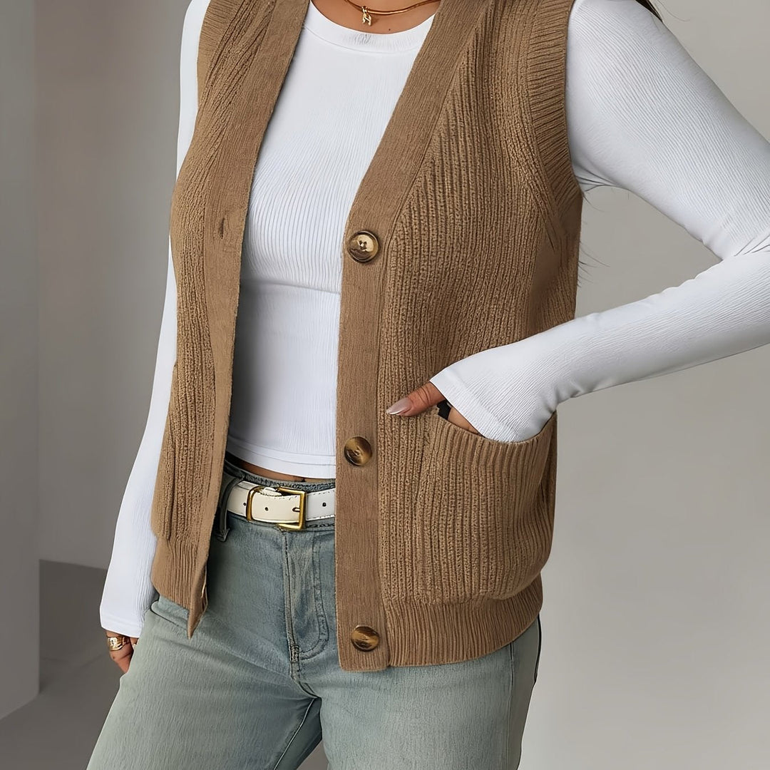 Buttoned V-Neck Knit Vest for Women
