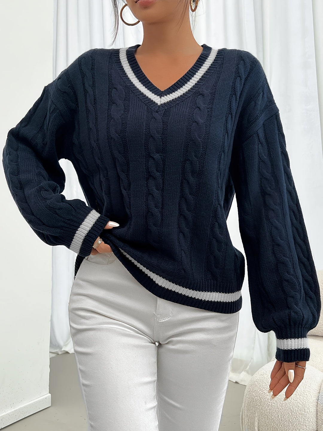 Women's Cable-Knit V-Neck Sweater