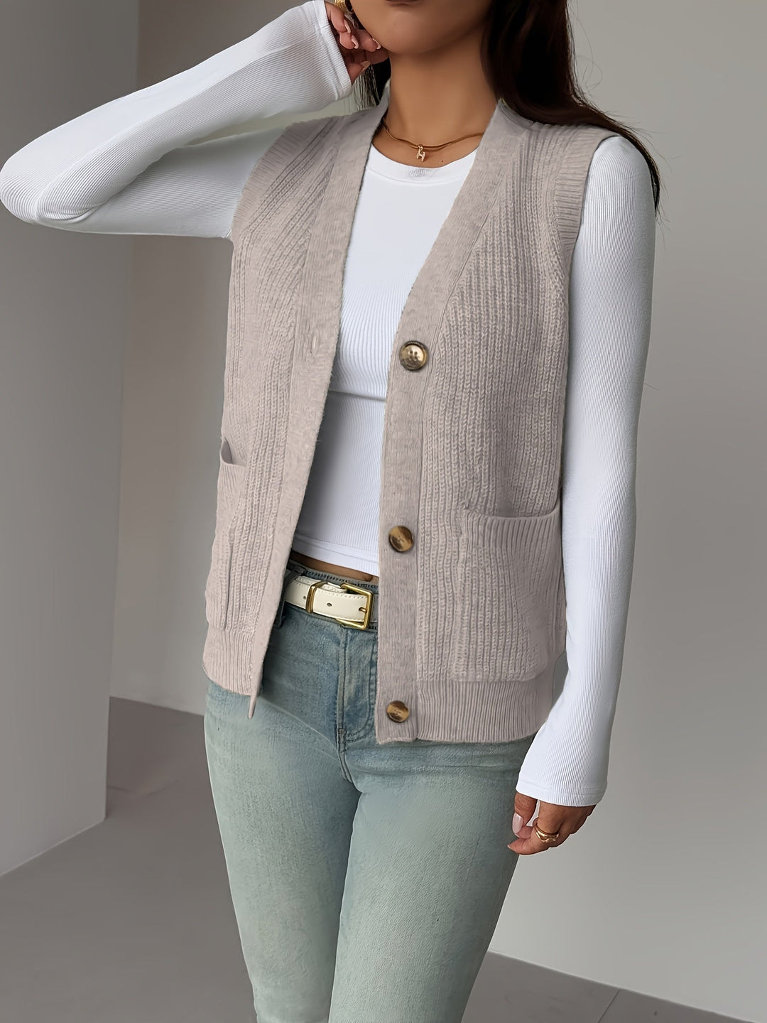 Buttoned V-Neck Knit Vest for Women