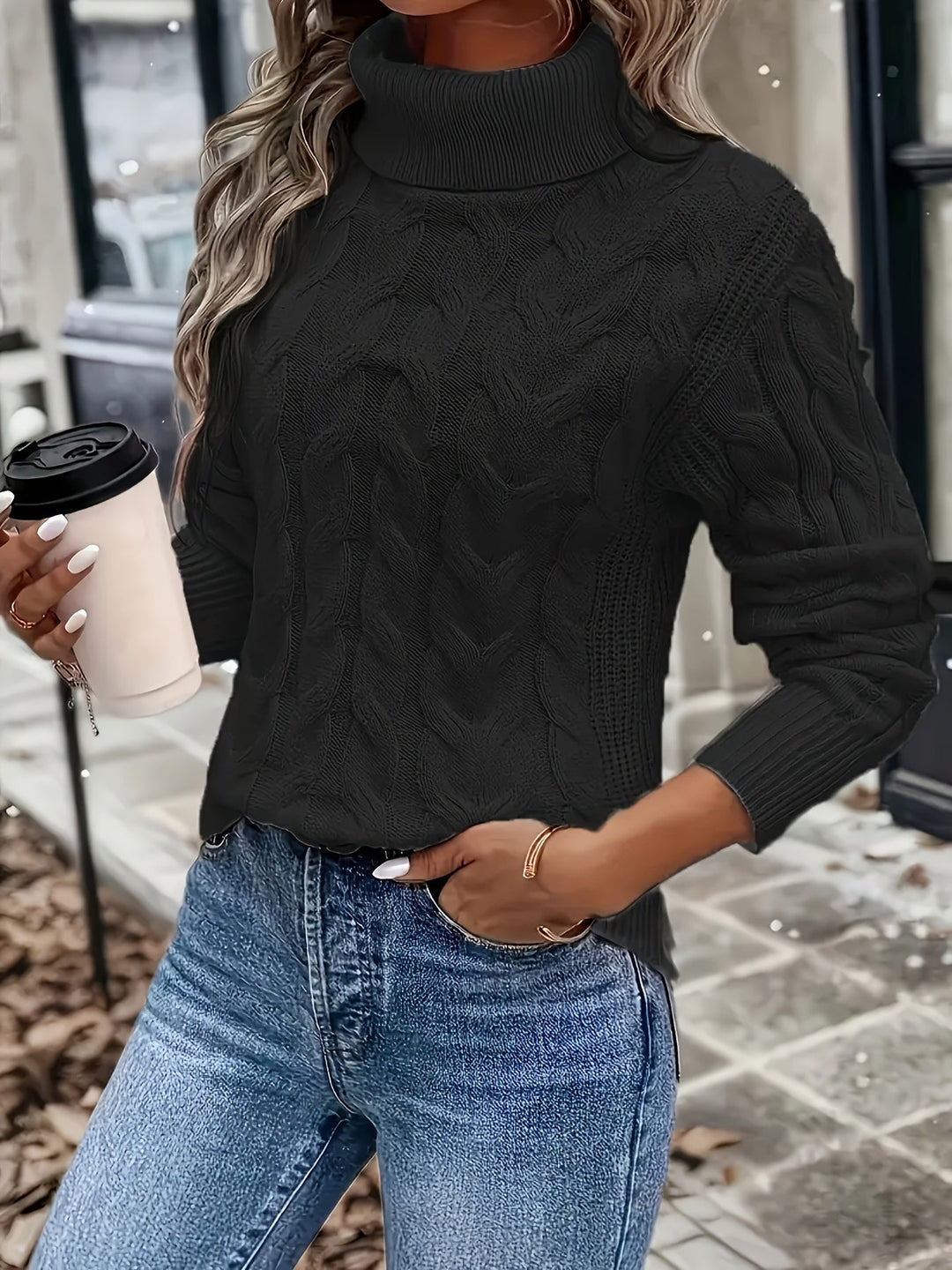 Cable-Knit Turtleneck Sweater for Women, Cozy Style
