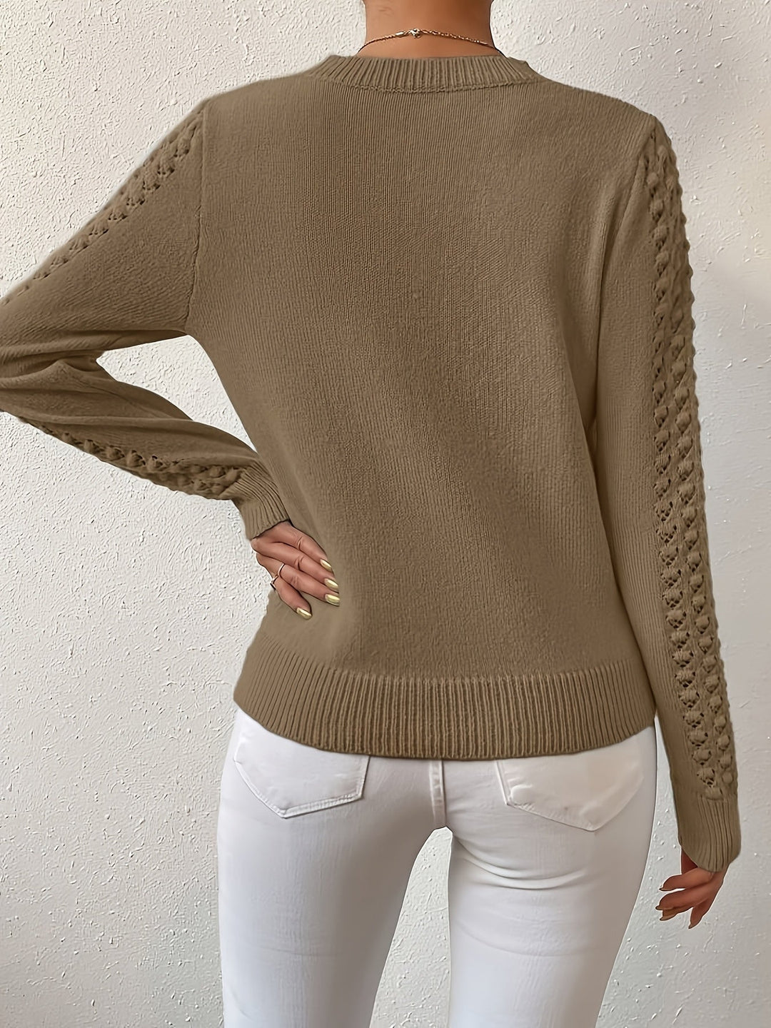 Pointelle-Knit Round Neck Sweater for Women