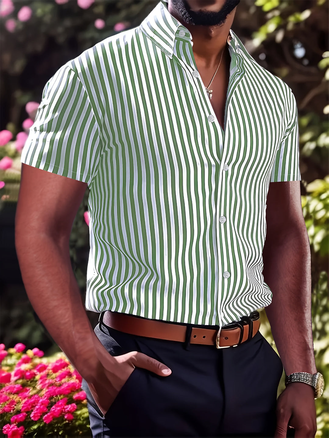 Striped Short Sleeve Shirt for Men, Refined Style