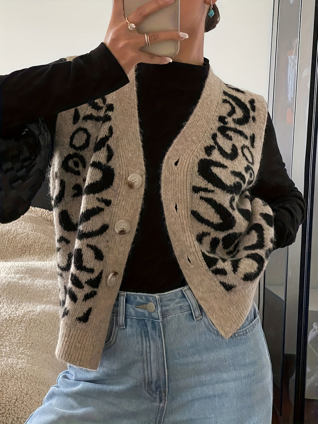 Khaki Patterned Button-Front Vest for Women