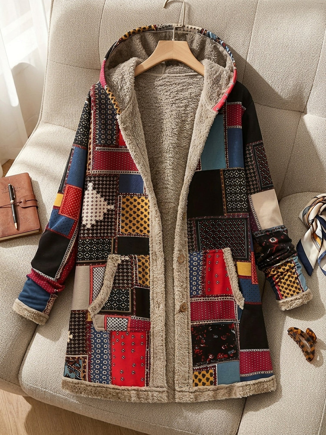 Multicolour Print Patchwork Hooded Jacket for Women