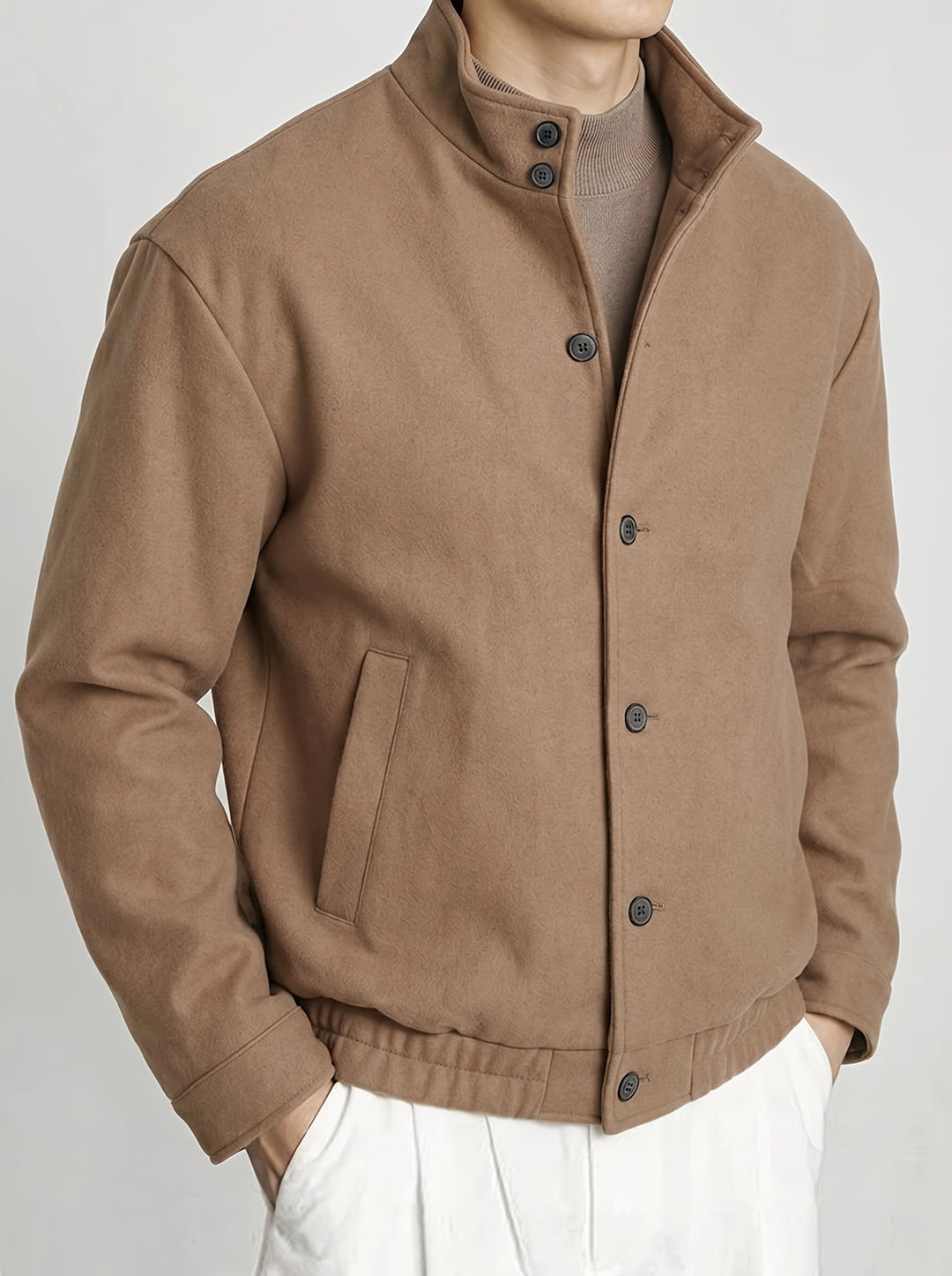 Khaki Refined Button-Front Bomber Jacket for Men
