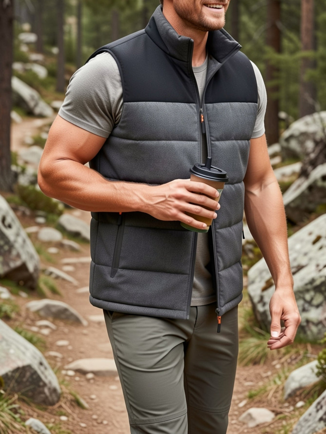 Black Insulated Stand-Collar Vest for Men
