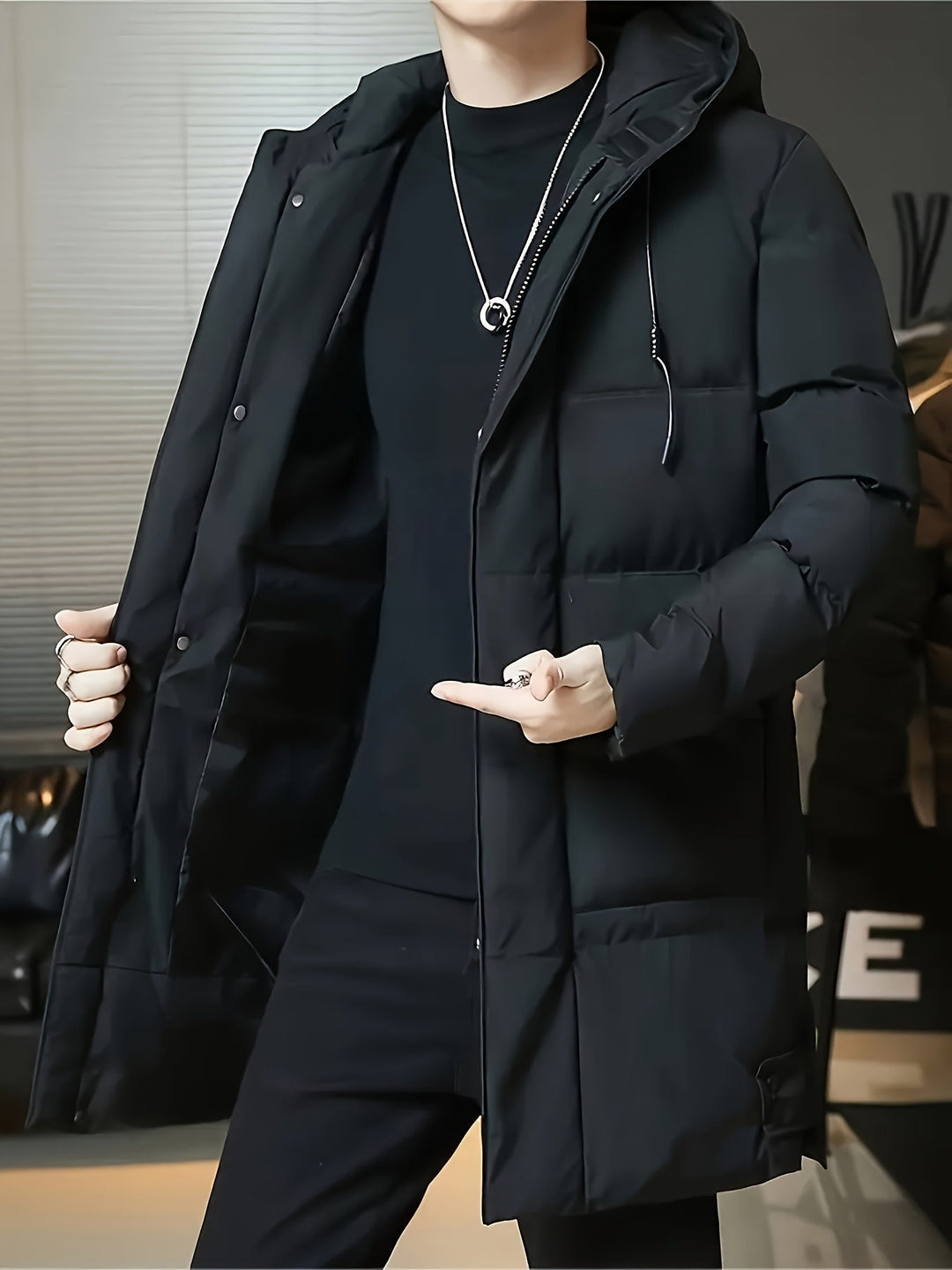 Hooded Longline Puffer Coat for Men, Plus Size