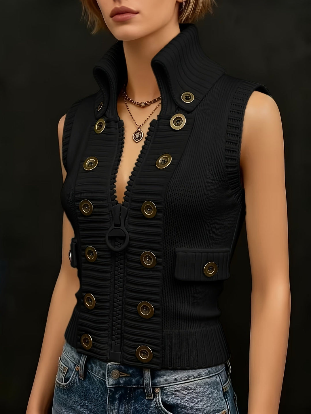 High-Collar Zip Vest for Women