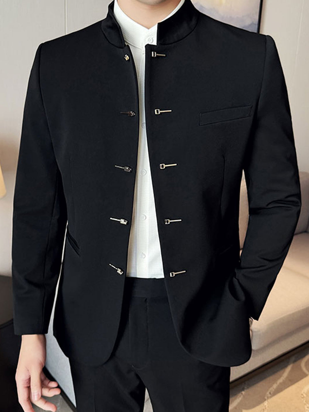 Black Stand Collar Jacket for Men
