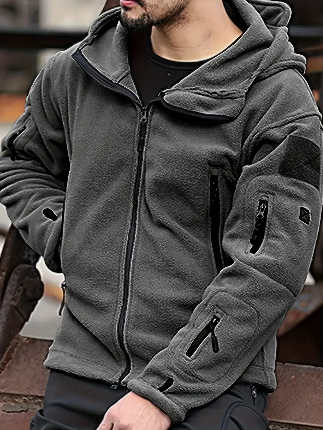 Rugged Hooded Zip Jacket for Men, Plus Size