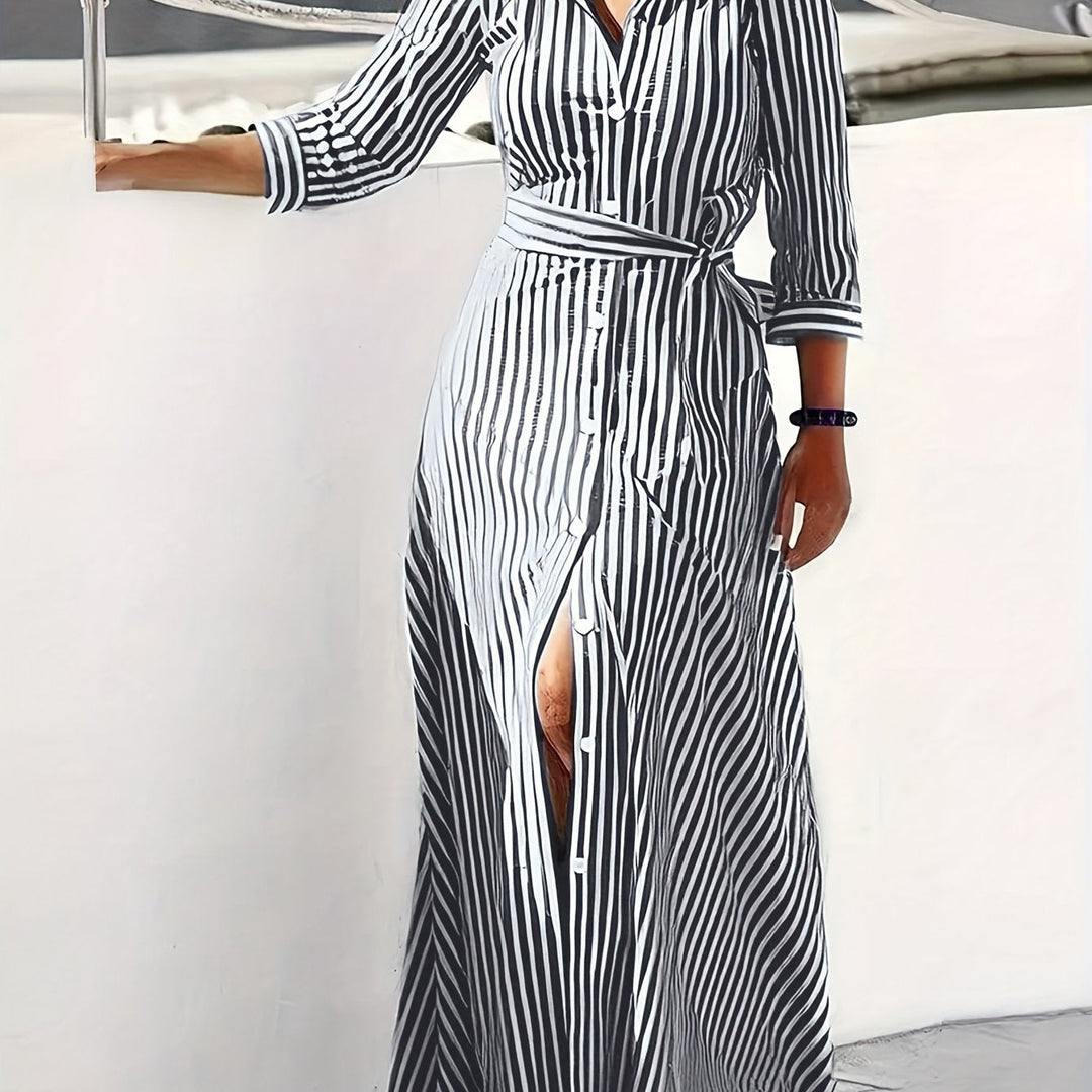 Women's Belted Shirt Maxi Dress