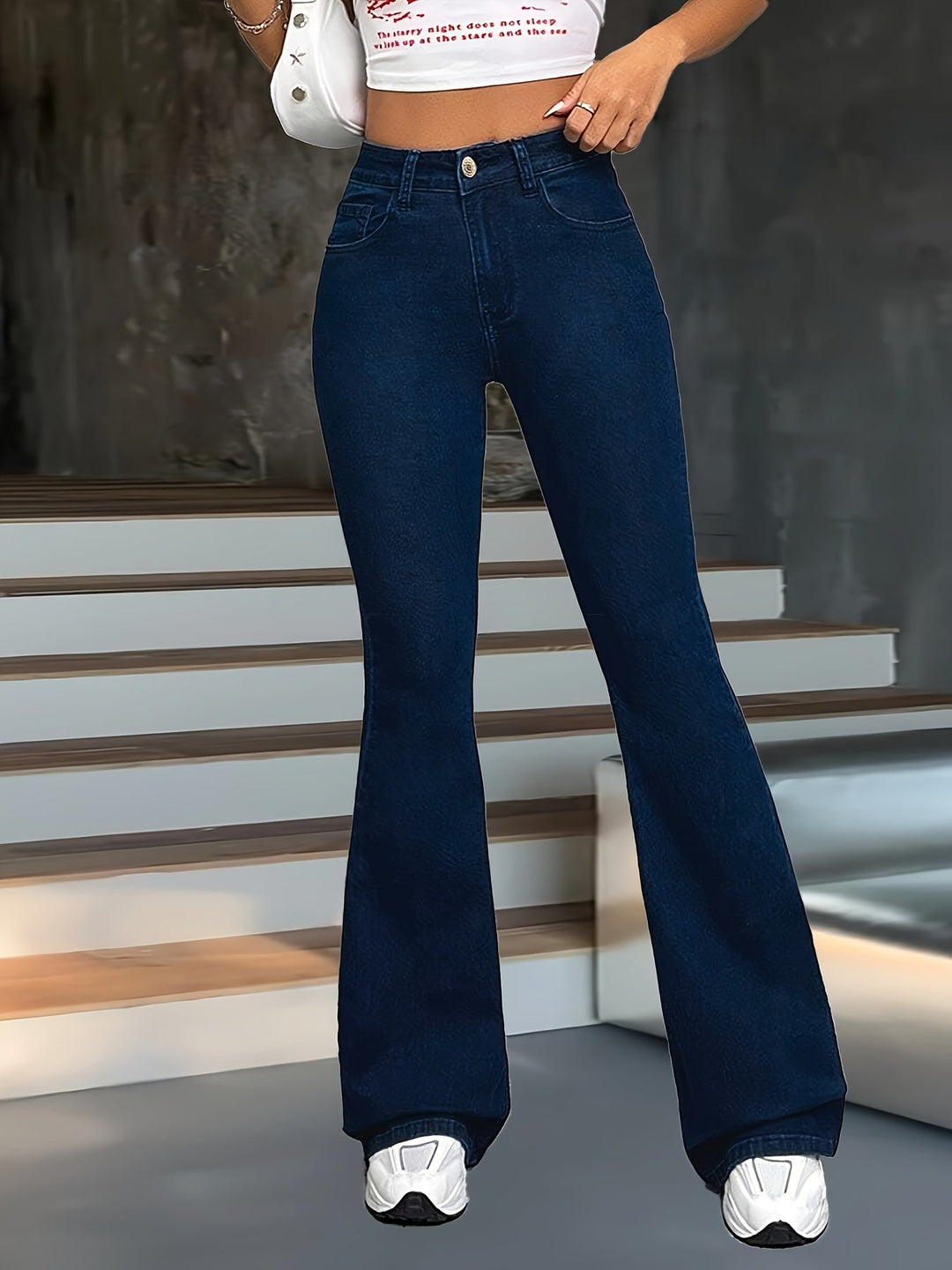 Medium Blue High-Waisted Flared Trousers for Women