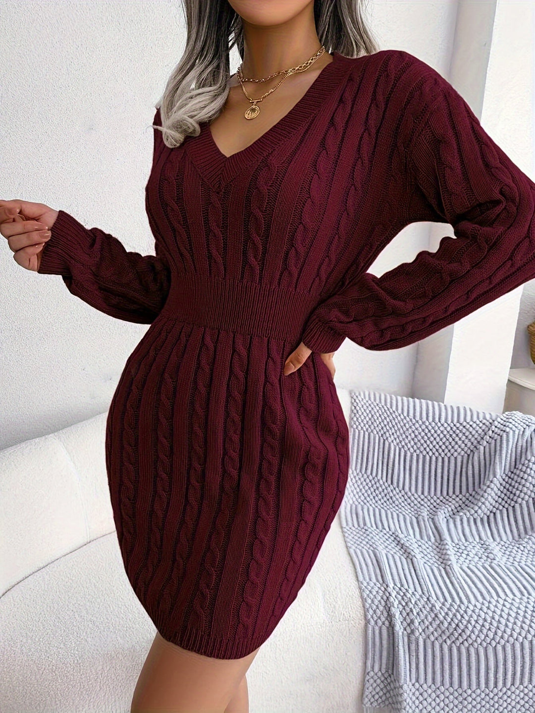 Ladies Cable-Knit Peplum Sweater Dress