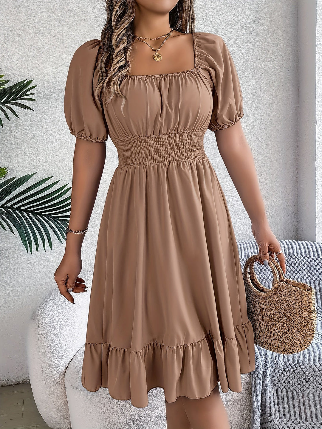Square Neck Ruffled A-Line Dress for Women