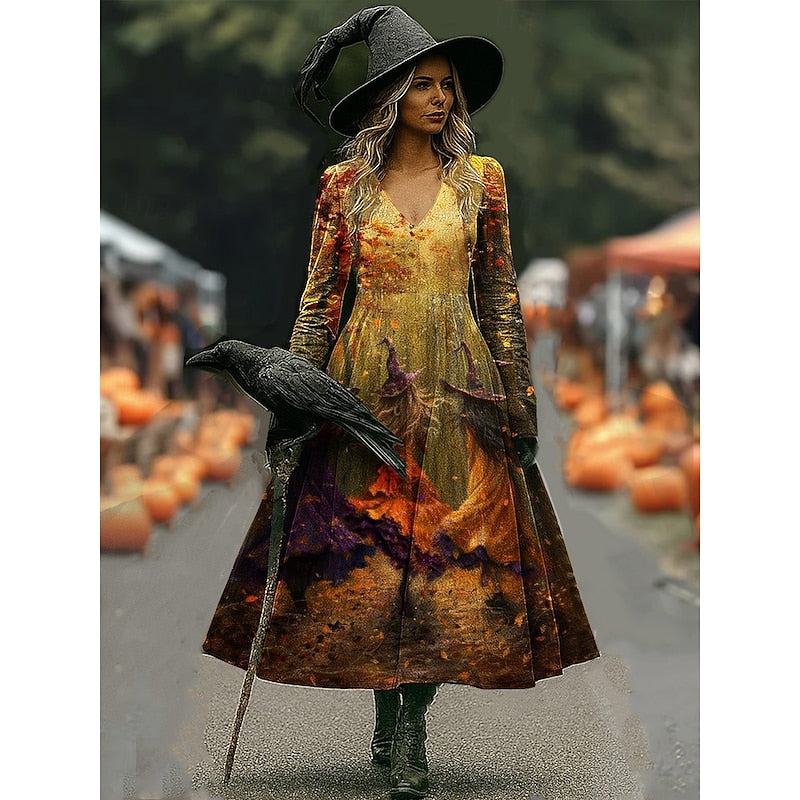 Halloween Witch Print A-Line Maxi Dress for Women