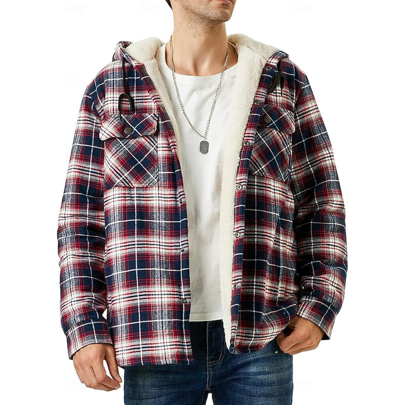 Hooded Check Overshirt for Men, Plus Size