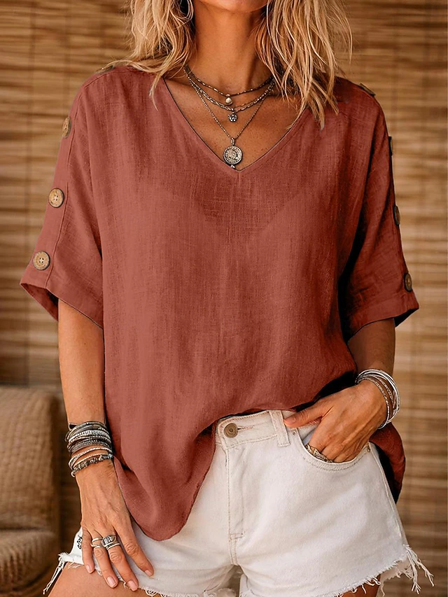 Button-Sleeve Blouse for Women, Relaxed Style