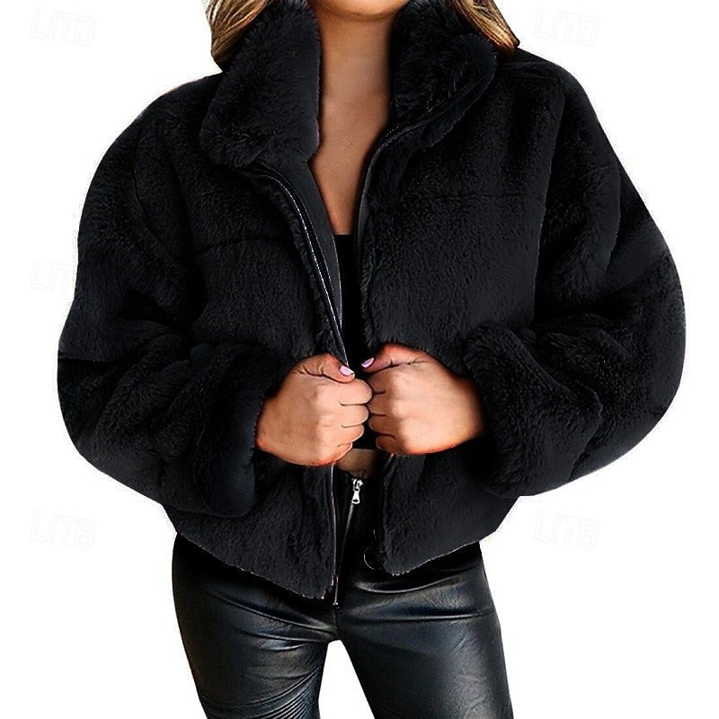 Plush Cropped Zip Jacket for Women, Plus Size