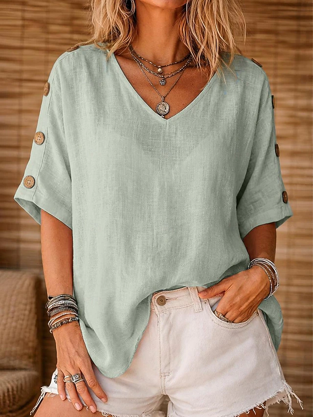 Button-Sleeve Blouse for Women, Relaxed Style