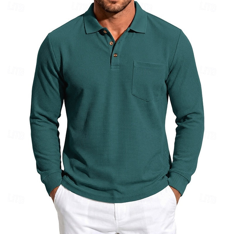 Textured Long-Sleeve Polo Shirt for Men, Plus Size