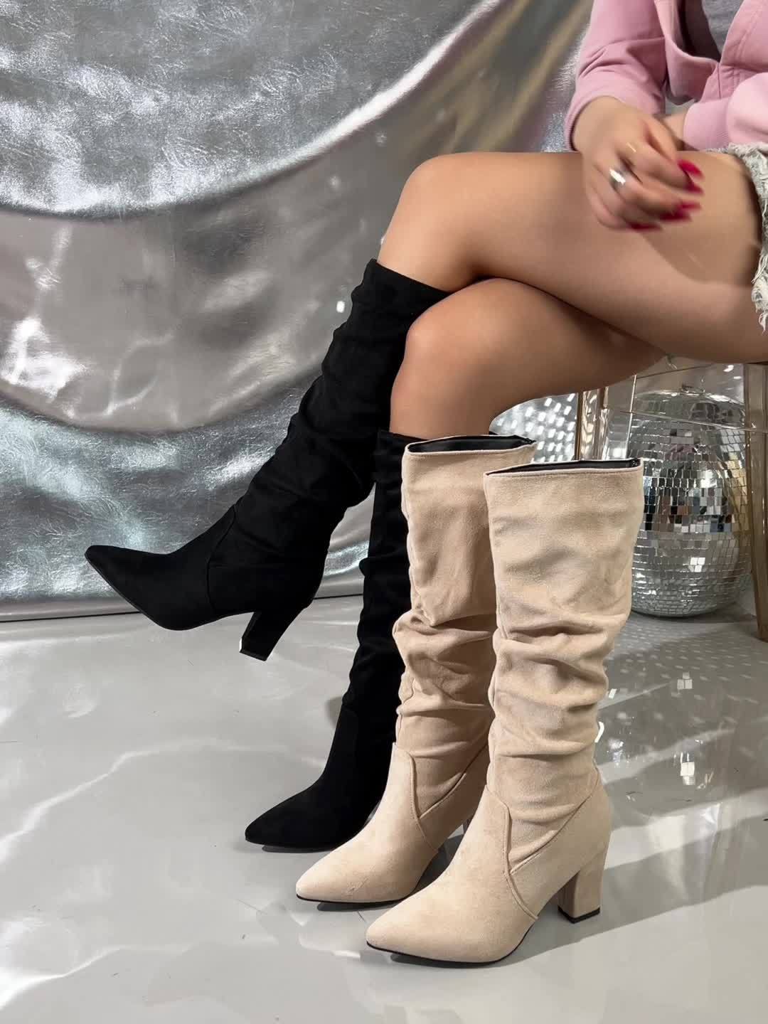 Black Slouch Knee-High Heeled Boots for Women