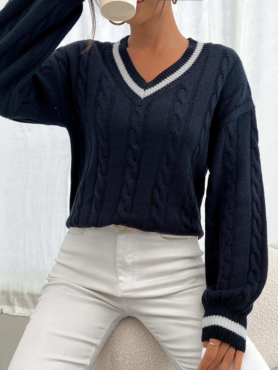 Women's Cable-Knit V-Neck Sweater