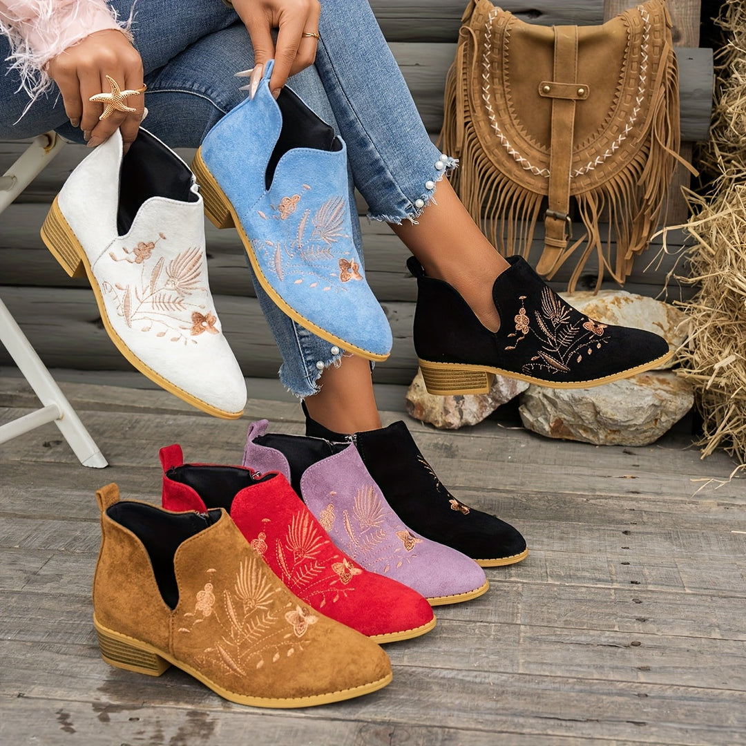 Embroidered Low-Heel Ankle Boots for Women