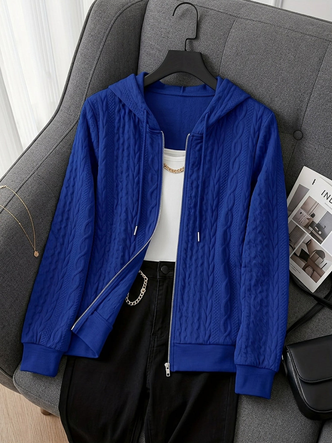 Zip-Up Hooded Jacket for Women, Textured Style