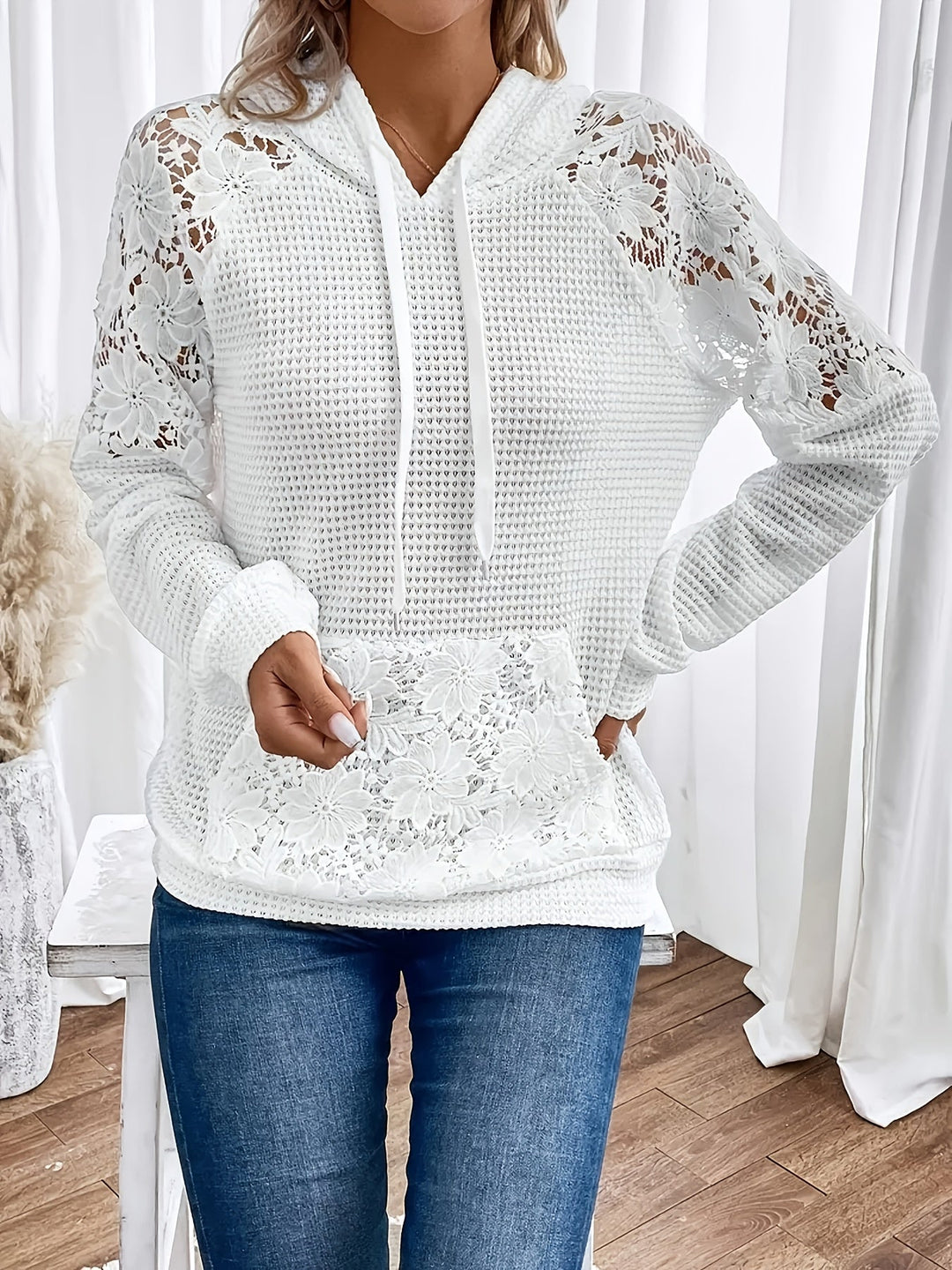 White Floral-Trimmed Hooded Top for Women