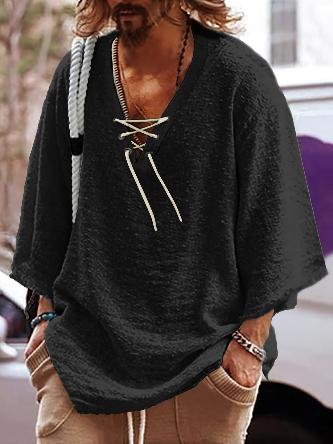 Lace-Up V-Neck Shirt for Men, Relaxed Style