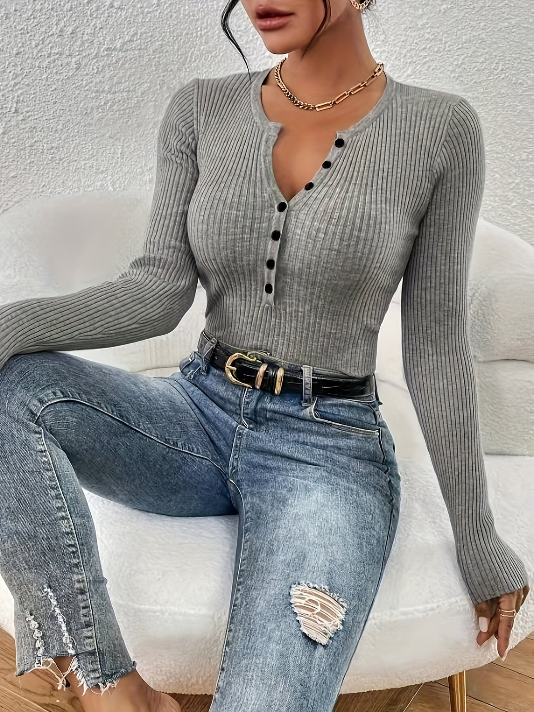 Grey Ribbed Half-Button Top for Women