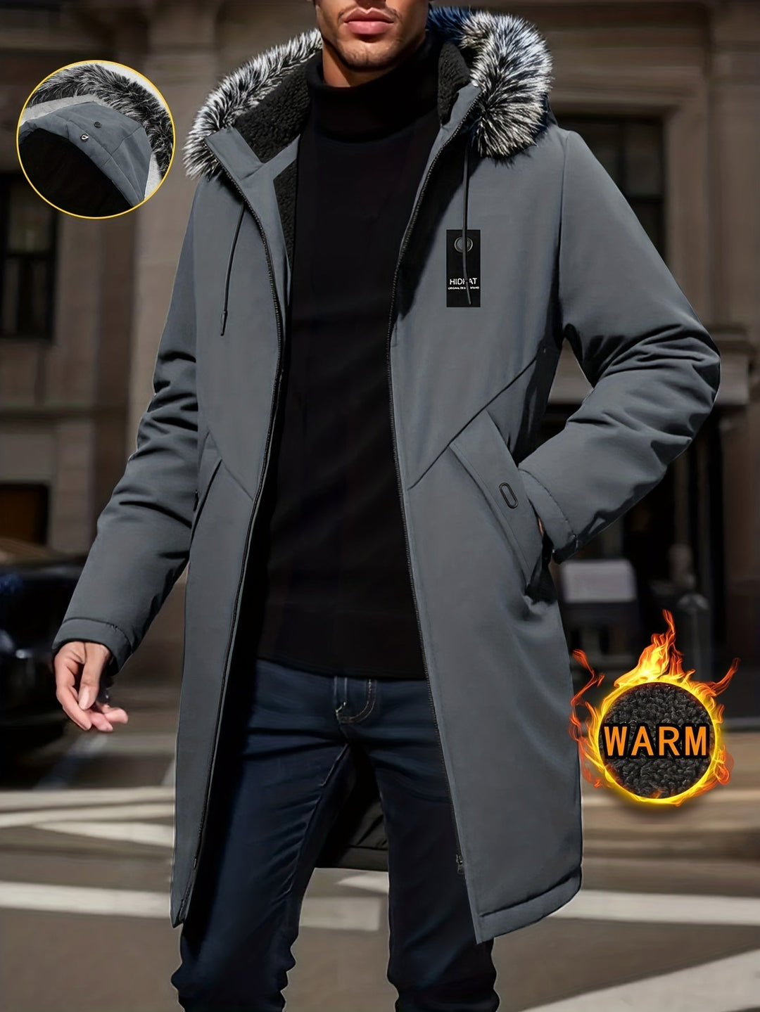 Hooded Mid-Length Parka Jacket for Men, Plus Size