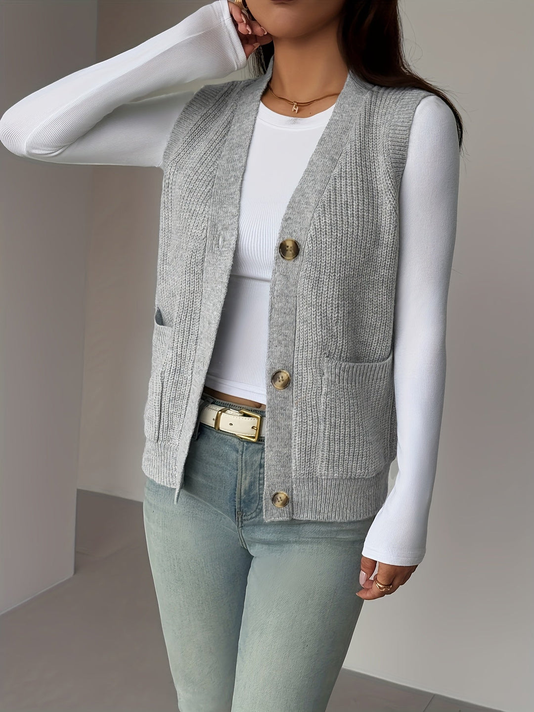 Buttoned V-Neck Knit Vest for Women
