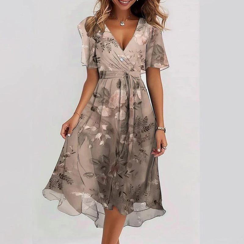 Short Sleeve Printed Dress, Women's Elegant Fit