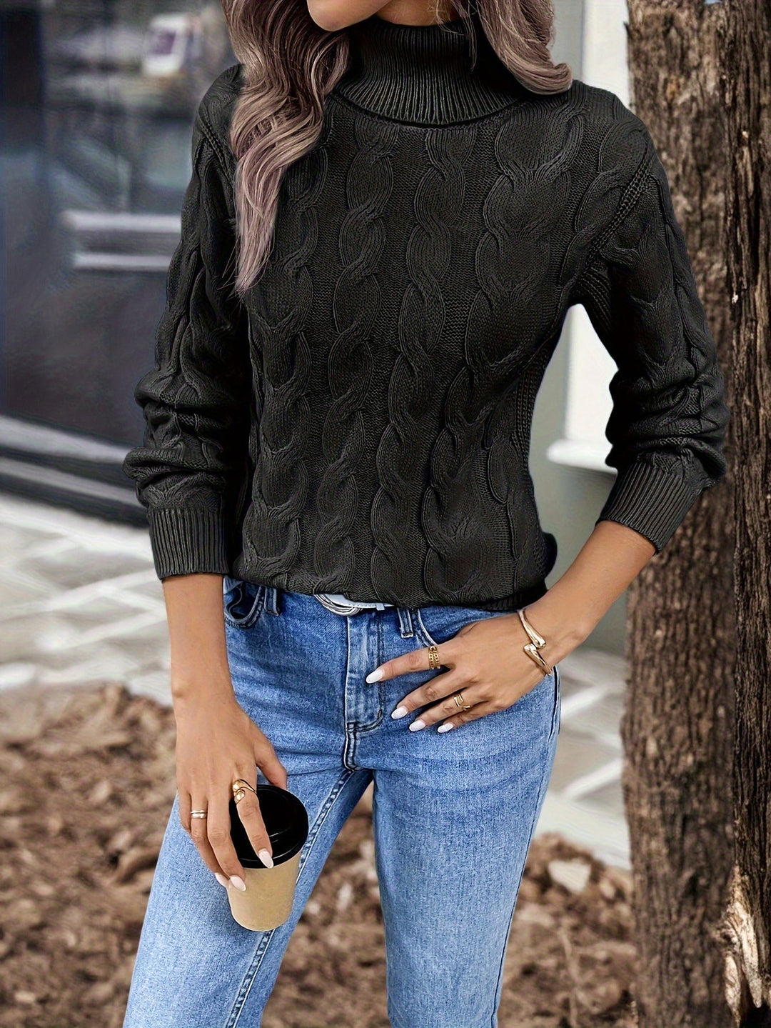 Cable-Knit Turtleneck Sweater for Women, Cozy Style