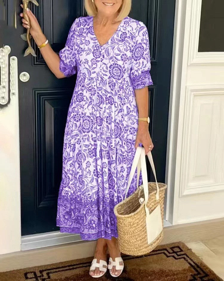 V-Neck Floral Dress, Women's Graceful Fit