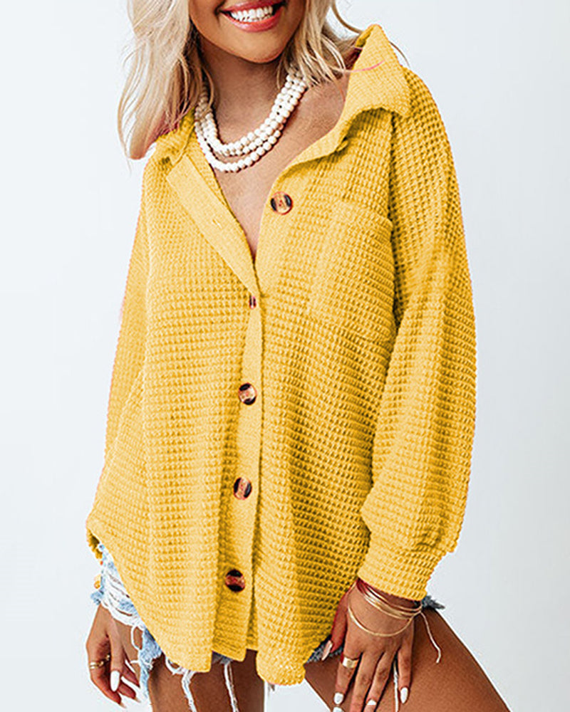 Women's Long Sleeve Waffle Knit Button-Down Top – Relaxed Fit