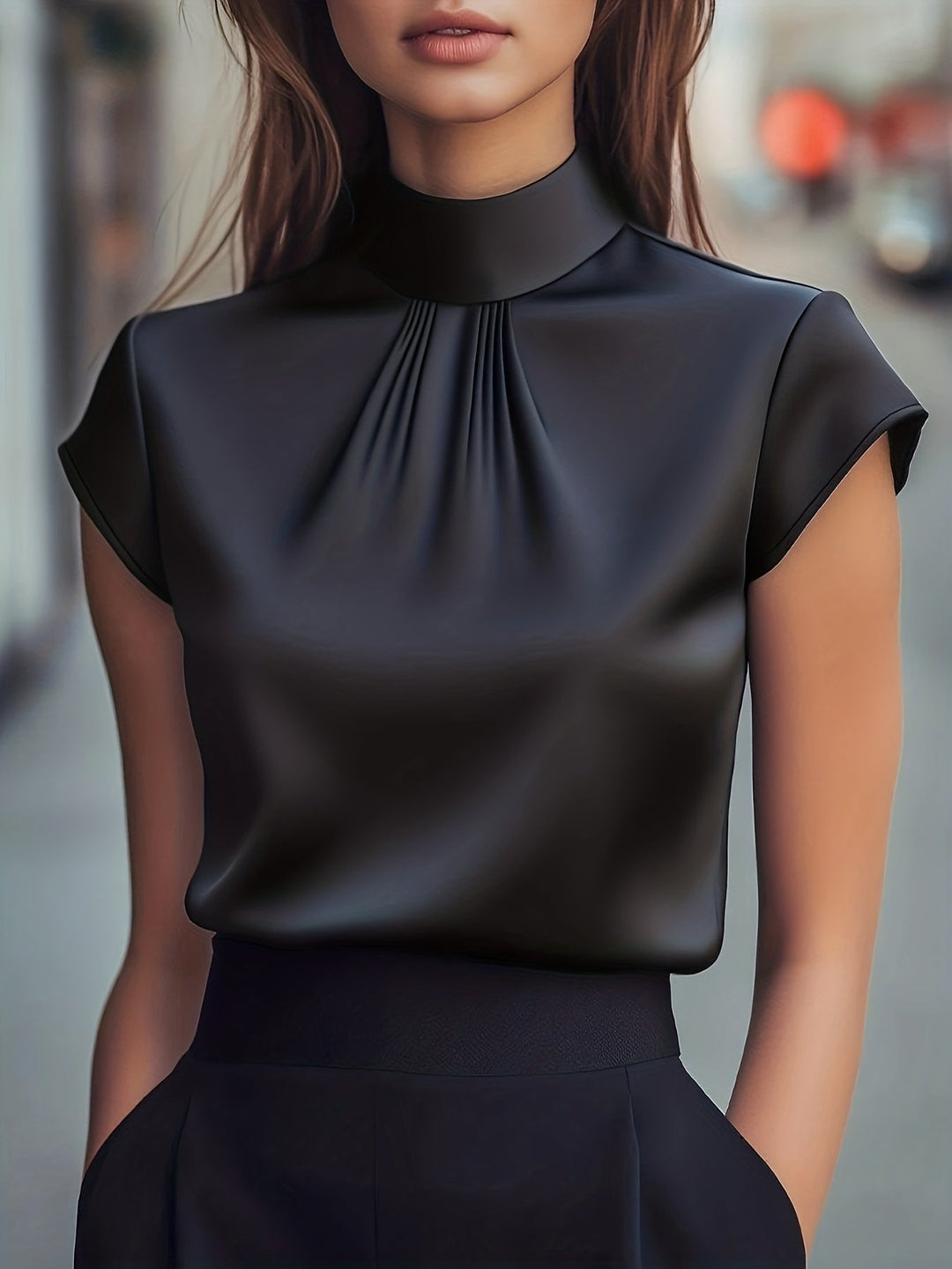 Women's Pleated Mock-Neck Blouse