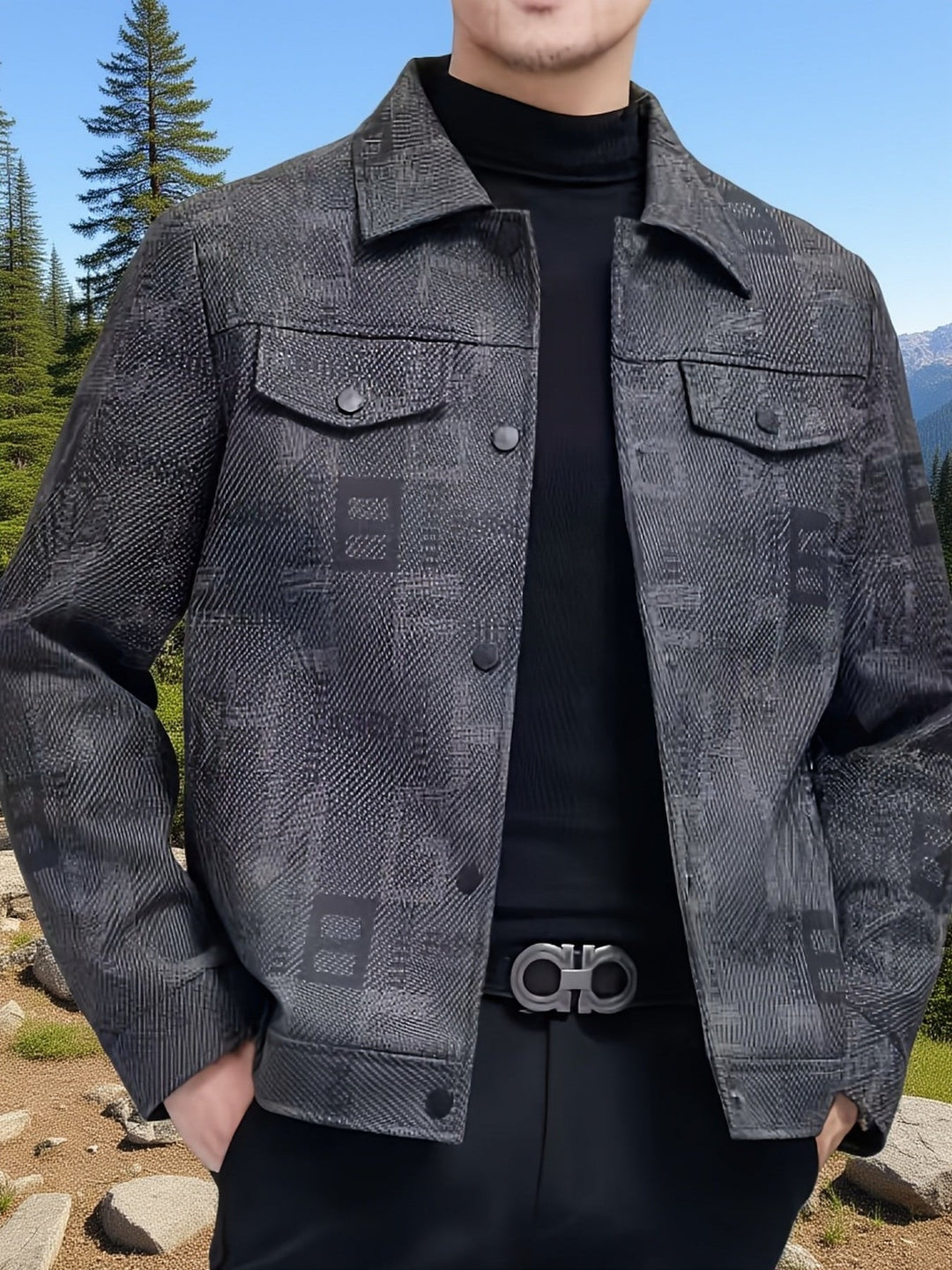 Black Patterned Trucker Jacket for Men