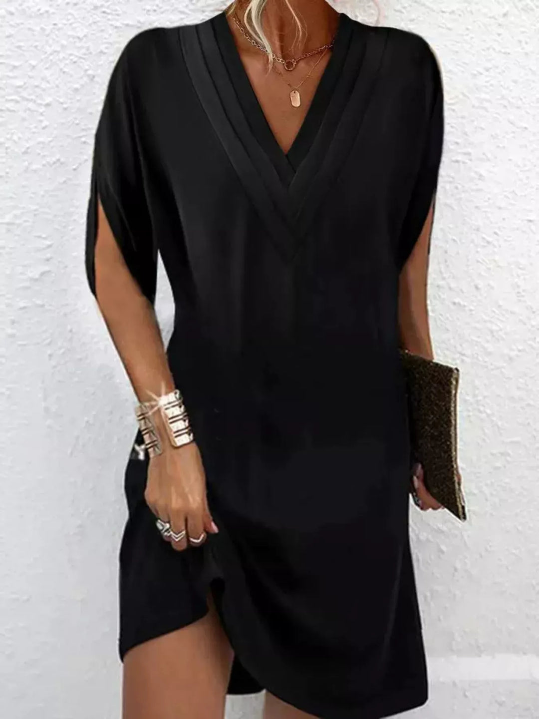 V-Neck Slit Sleeve Mini Dress for Women, Plus Size